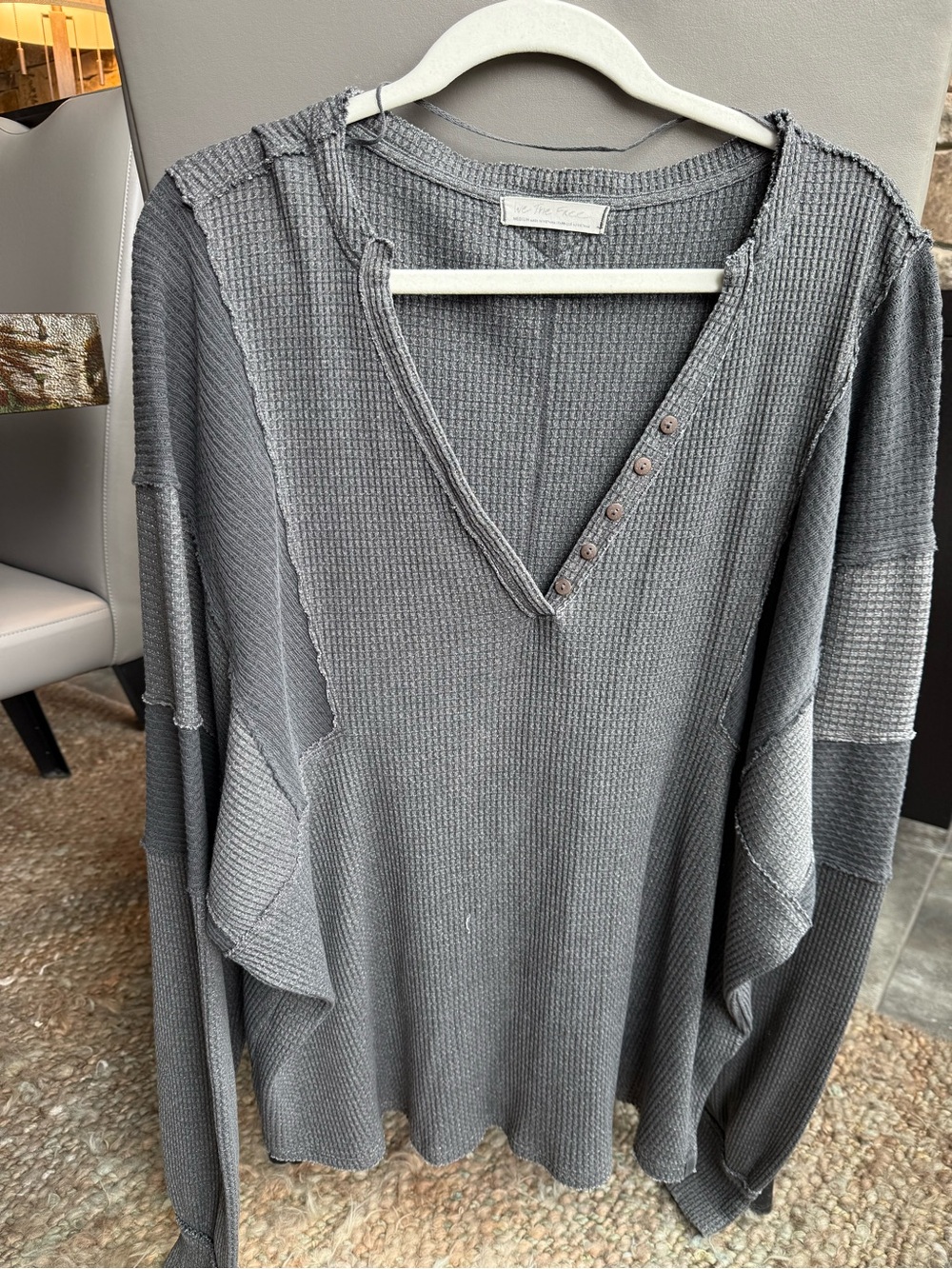 Free People Charcoal Waffle Knit V-Neck Oversized Pullover
